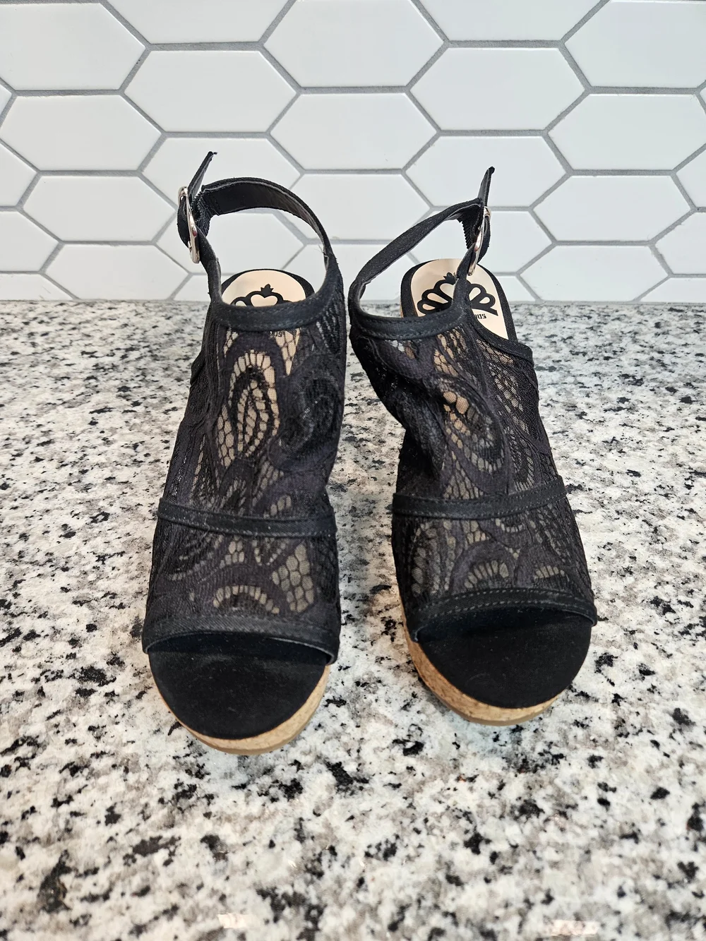 Black Lace Cork Wedge Slingback Sandals - Comfortable Dressy Wedges Size 7.5